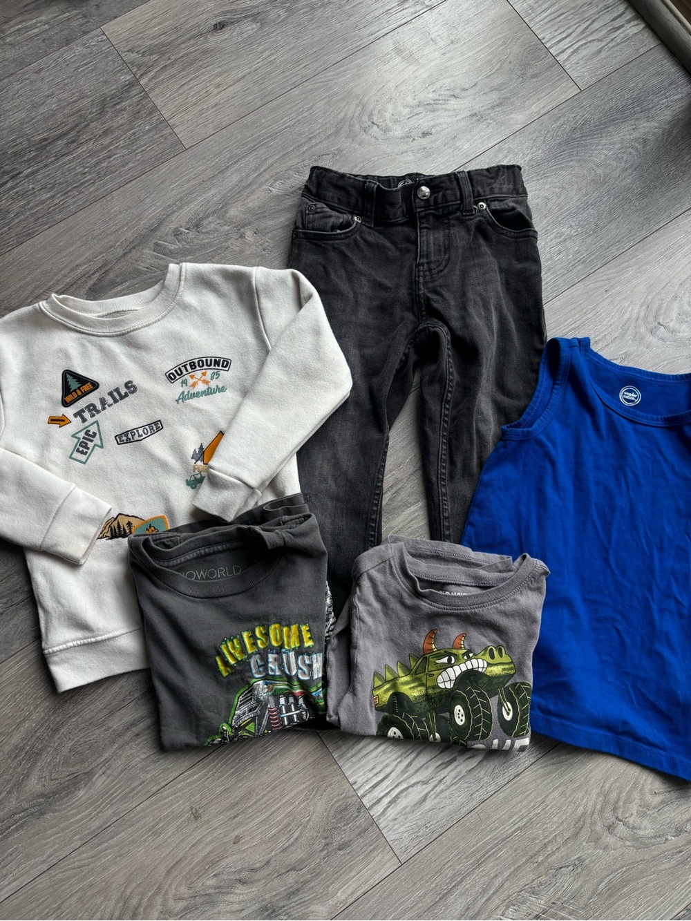 Old Navy Blue Tank Top with Assorted Graphic Tees & Black Pants